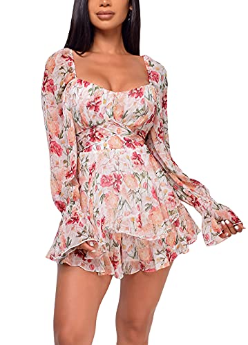 Loalirando Damen Kleider V Ausschnitt Rüschen Langarm Minikleid Strandkleid mit Gürtel Kurze Freizeitkleider Blumendruck Sommerkleid（Rosa,XL von Loalirando