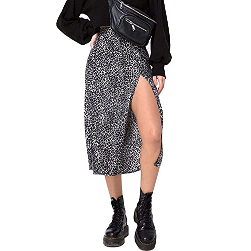 Loalirando Damen Knielang Rock Lässig Midirock mit Schlitz Leopard BlumenrockFreizeitrock High Waist Knielang Rock (Schwarz, L) von Loalirando