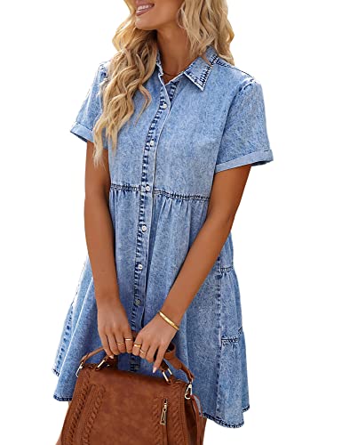 Loalirando Damen Kurzarm Vintage Cowboy Minikleid Sommer Casual Midikleid mit Knöpfen Streetwear (Blau, M) von Loalirando