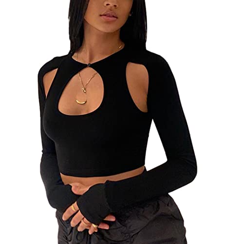 Loalirando Damen Langarm Cut Out Crop Top Rundhals Slim Fit Bauchfrei Oberteile Streetwear(Schwarz,L) von Loalirando