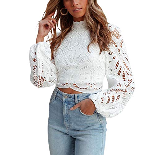 Loalirando Damen Langarm Spitze Tops Casual Crochet Hollow Out Rollkragen Bluse Shirts, weiß, Small von Loalirando