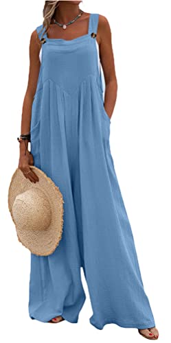 Loalirando Damen Latzhose Sommer Jumpsuit Leinen Hosenanzug Ärmellos Playsuit Casual Loose Overall Frühling Einteiler mit Taschen (Blau, 2XL) von Loalirando