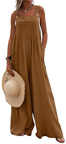 Loalirando Damen Latzhose Sommer Jumpsuit Leinen Hosenanzug Ärmellos Playsuit Casual Loose Overall Frühling Einteiler mit Taschen (Braun, XL) von Loalirando