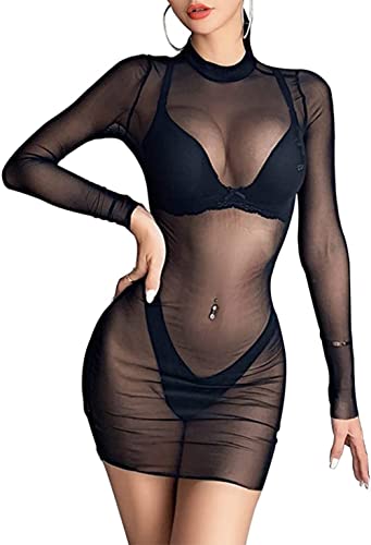 Loalirando Damen Mode Streetwear Transparent Kleid Party Clubwear Unterkleid Bikini Cover up(M,Schwarz kurz) von Loalirando