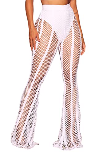 Loalirando Damen Netz Transparente Hose Tüll Mesh Legging Sommer Strandhose Bikini Cover up (Weiß, XL) von Loalirando
