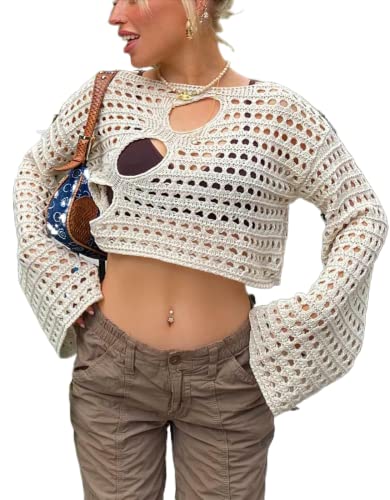 Loalirando Damen Netzoberteil Langarm Crop Top mit Transparentes Oberteil Crop Pullover Ultrakurz Party Oberteil Y2K Streetwear (Hollow Out/Beige, XL) von Loalirando