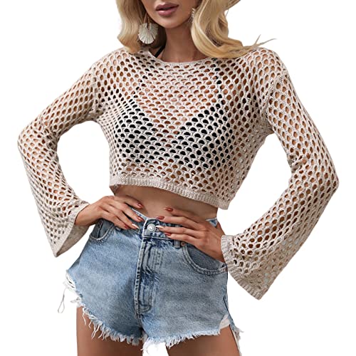 Loalirando Damen Netzoberteil Langarm Crop Top mit Transparentes Oberteil Crop Pullover Ultrakurz Party Oberteil Y2K Streetwear (Trompetenärmel/Khaki, M) von Loalirando