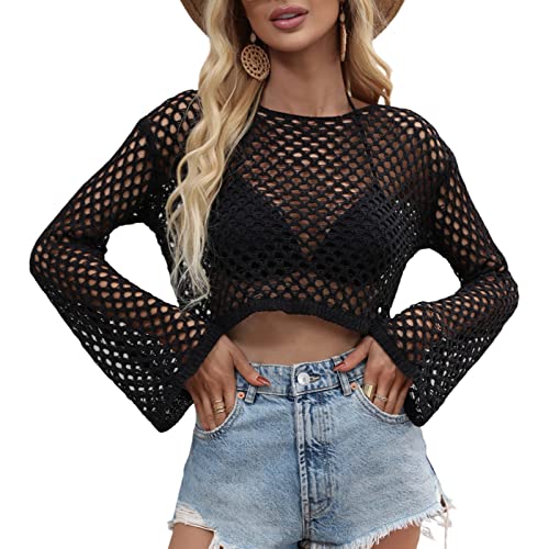 Loalirando Damen Netzoberteil Langarm Crop Top mit Transparentes Oberteil Crop Pullover Ultrakurz Party Oberteil Y2K Streetwear (Trompetenärmel/Schwarz, L) von Loalirando