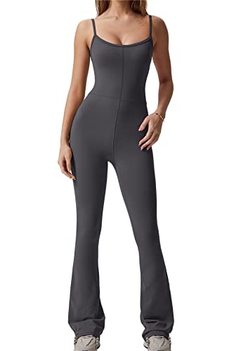 Loalirando Damen Quadratischer Kragen Ärmellos Jumpsuit Einteiler Slim Fit Lang Romper Overall mit Bootcut-Hose Streetwear(Grau,S) von Loalirando