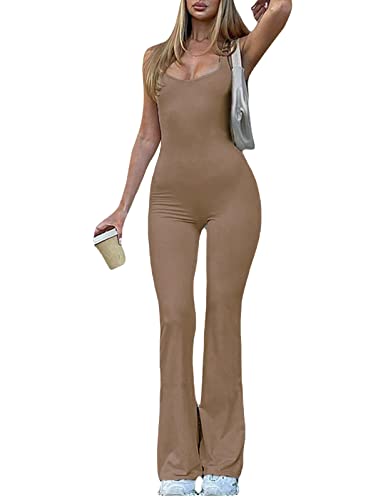 Loalirando Damen Quadratischer Kragen Ärmellos Jumpsuit Einteiler Slim Fit Lang Romper Overall mit Bootcut-Hose Streetwear (Khaki, M) von Loalirando