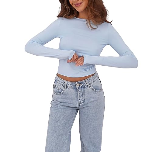 Loalirando Damen Rundhals Langarm Crop Top Baumwolle Slim Fit Bauchfrei Oberteil Streetwear(Blau-B,S) von Loalirando