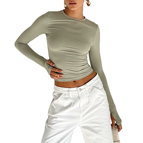 Loalirando Damen Rundhals Langarm Crop Top Baumwolle Slim Fit Bauchfrei Oberteil Streetwear(Grün,S) von Loalirando