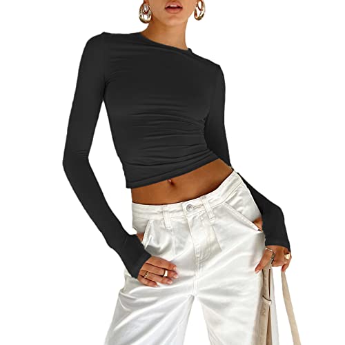 Loalirando Damen Rundhals Langarm Crop Top Baumwolle Slim Fit Bauchfrei Oberteil Streetwear(Schwarz-A,S) von Loalirando