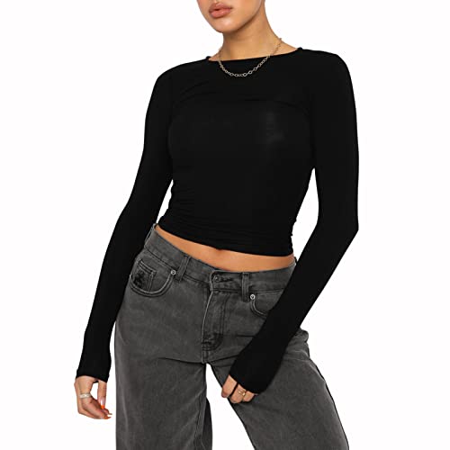 Loalirando Damen Rundhals Langarm Crop Top Baumwolle Slim Fit Bauchfrei Oberteil Streetwear (Schwarz, M) von Loalirando