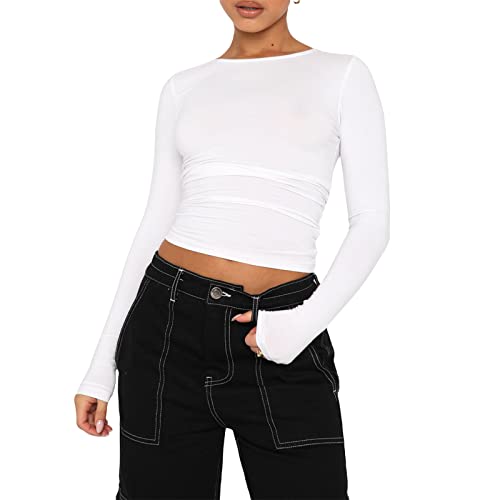 Loalirando Damen Rundhals Langarm Crop Top Baumwolle Slim Fit Bauchfrei Oberteil Streetwear (Weiß, S) von Loalirando