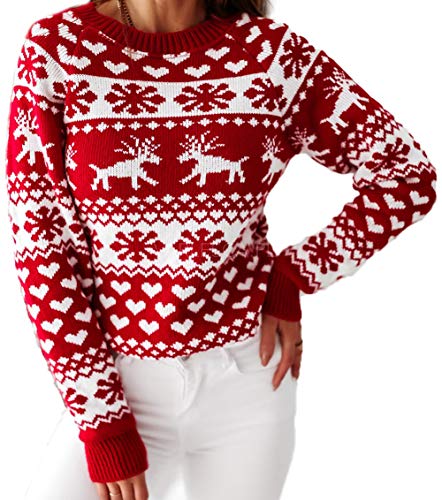 Loalirando Damen Schöner Weihnachtspullover mit Rentiermuster Strickpullover Langarm Sweatshirt Xmas Pulli Sweater Winter (Rentiermuster/Rot, M) von Loalirando