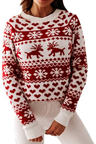 Loalirando Damen Schöner Weihnachtspullover mit Rentiermuster Strickpullover Langarm Sweatshirt Xmas Pulli Sweater Winter (Rentiermuster/Weiß, S) von Loalirando