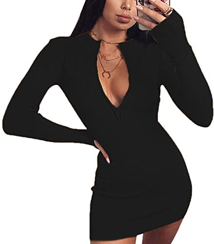 Loalirando Damen Schönes Langarm Bodycon Kleid mit Reißverschluss Herbst Minikleid Etuikleid (Schwarz, M) von Loalirando