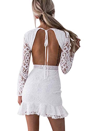 Loalirando Damen Schönes Spizenkleid Etuikleid Rückenfrei Kleid Festlich Hochzeitkleider Kurz Weiß (L, Weiß) von Loalirando