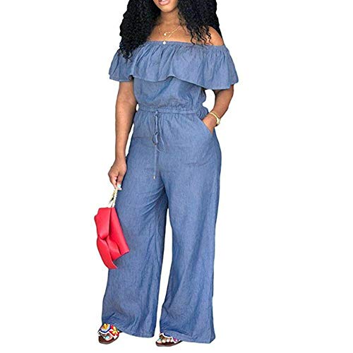 Loalirando Damen Schulterfrei Hosenanzug Overall Lang Einteiler Playsuit Sommer Jumpsuit Große Größen (3XL, Hellblau) von Loalirando