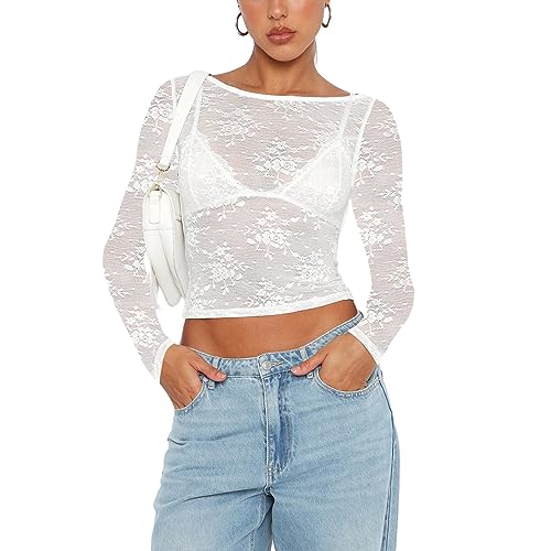 Loalirando Damen Sexy Durchsichtig Langarm Crop Top Slim Fit Bauchfrei Bedruckte Oberteile Streetwear(Weiß,L) von Loalirando