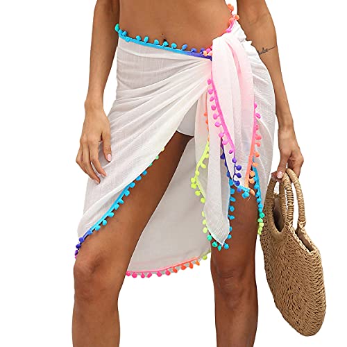 Loalirando Damen Sexy Fransen Strand Wickelrock Kurz Bikini Strandtuch Cover up Chiffon Sarong Pareo Strandkleid (Weiß, One Size) von Loalirando