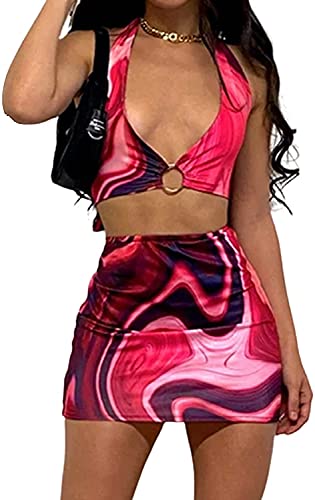 Loalirando Damen Sexy Kleid Set Ärmellos Rückenfrei V-Ausschnitt Crop Tops + Bleistift Mini Rock Bandage Bodycon Streetwear, violett, rot, Small von Loalirando