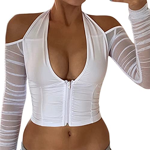 Loalirando Damen Sexy Kurz Tops Neckholder Langarm Crop Top Tiefes VTief-geschnitten Hemd Mesh Clubwear (Weiß, S) von Loalirando