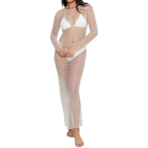 Loalirando Damen Sexy Streetwear Transparent Kleid mit Perlen Party Clubwear Unterkleid Bikini Cover up(Weiß-A,S) von Loalirando