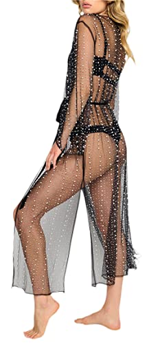 Loalirando Damen Sexy Streetwear Transparent Kleid mit Perlen Party Clubwear Unterkleid Bikini Cover up (Cardigan/Schwarz, M) von Loalirando