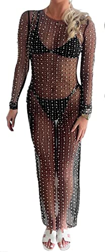 Loalirando Damen Sexy Streetwear Transparent Kleid mit Perlen Party Clubwear Unterkleid Bikini Cover up (Schwarz, M) von Loalirando