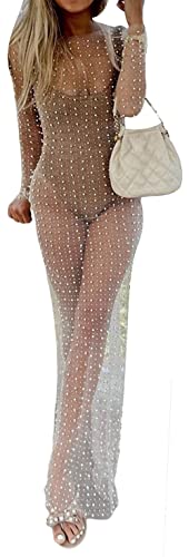 Loalirando Damen Sexy Streetwear Transparent Kleid mit Perlen Party Clubwear Unterkleid Bikini Cover up (Weiß, L) von Loalirando