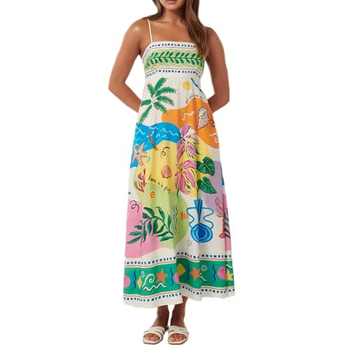 Loalirando Damen Sommer Spaghettiträger Ästhetisches ärmelloses Maxikleid fließendes Maxikleid ärmellos übergroße Rüschen Strand Party Trägerkleid Bohemian Floral A-Linie Kleid, Grün 1, Medium von Loalirando