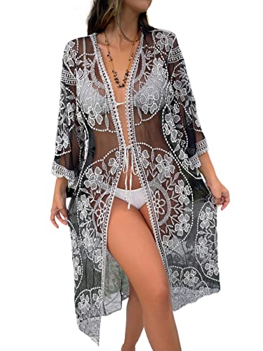 Loalirando Damen Strandkleid Bikini Cover up mit Blumendruck Kurzarm Open Front Strand Kimono Durchsichtig Langes Cardigan(Schwarz-C,Einheitsgröße) von Loalirando