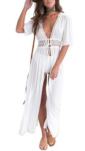 Loalirando Damen Strandkleid Bikini Cover up mit Blumendruck Kurzarm Open Front Strand Kimono Durchsichtig Langes Cardigan(Weiß-D,S) von Loalirando