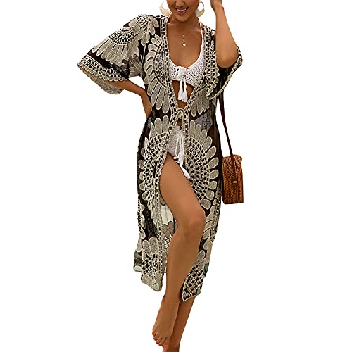 Loalirando Damen Strandkleid Bikini Cover up mit Blumendruck Kurzarm Open Front StrandKimono Durchsichtig Langes Cardigan (Schwarz Beige, One Size) von Loalirando