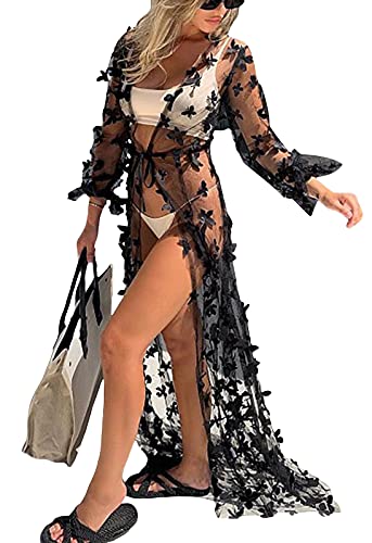 Loalirando Damen Strandkleid Bikini Cover up mit Schmetterlingen Spitze Transparente Robe Sexy Dessous Kleid Durchsichtig Langes Kimono Cardigan (Schwarz, S) von Loalirando