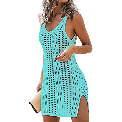 Loalirando Damen Strandkleid Gestrickte Bikini Cover Up Hollow Out Badeanzug Pareo Lässig Ärmelloses Minikleid mit Schlitz (Grün, 3XL) von Loalirando