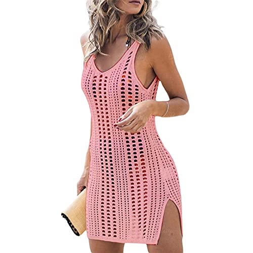 Loalirando Damen Strandkleid Gestrickte Bikini Cover Up Hollow Out Badeanzug Pareo Lässig Ärmelloses Minikleid mit Schlitz (Rosa, L) von Loalirando