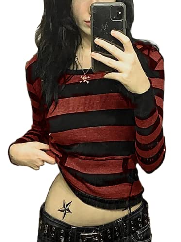 Loalirando Damen Strickpullover Gothic Punk Streifen Pullover Langarm Gestreifte Crop Top Casual Oberteile Teenager Streetwear (Rot,S) von Loalirando