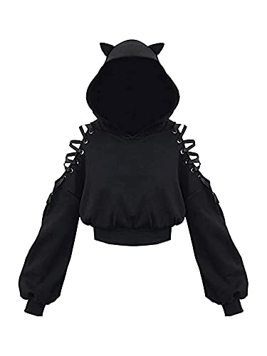 Loalirando Damen Süße Katzenohren Crop Top Oversized Hoodie Off Shoulder Hollow Out Langarm Schwarz Punk Gothic Sweatshirts, Schwarz , 36 von Loalirando