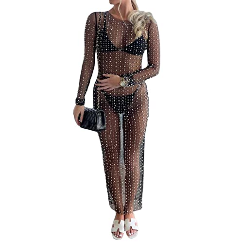 Loalirando Damen Trägerkleid Clubbing Party Sexy Transparent Tüll mit Strass Strandtunika Maxi Lang, Schwarz B, Large von Loalirando