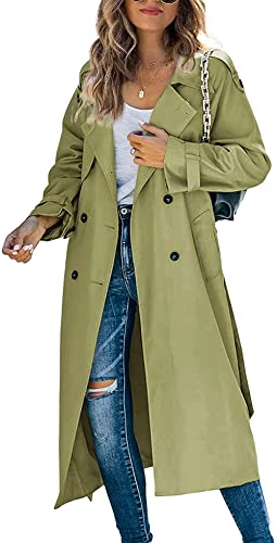 Loalirando Damen Trenchcoat Zweireiher Langer Mantel Klassische Herbst Frühling Jacke Winddichter Mantel (Armeegrün, S) von Loalirando