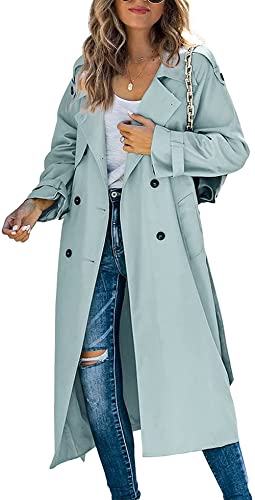 Loalirando Damen Trenchcoat Zweireiher Langer Mantel Klassische Herbst Frühling Jacke Winddichter Mantel (Blau, L) von Loalirando