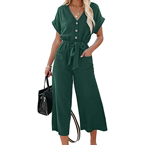 Loalirando Damen V-Ausschnitt Kurzarm Jumpsuit mit Taschen Casual Höhe Taille Weites Bein Overall mit Gürtel (Dunkelgrün, XL) von Loalirando