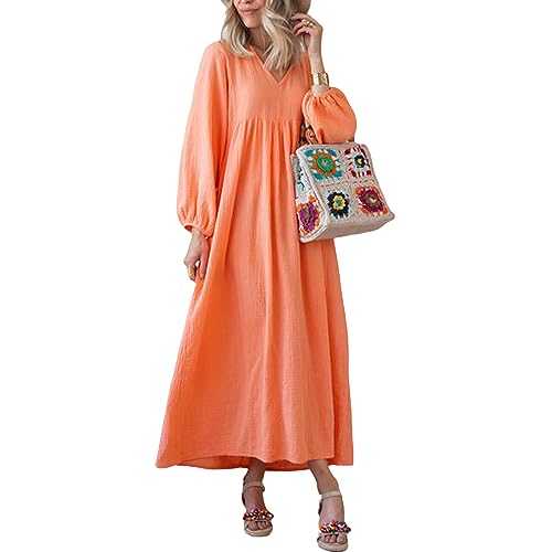 Loalirando Damen V-Ausschnitt Langarm Maxikleid Elegant Lässig Höhe Taille Freizeitkleid Strandkleid Streetwear (Orange, L) von Loalirando