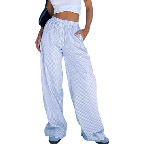 Loalirando Damen Weites Bein Baggy Freizeithose mit Taschen Elastische Höhe Taille Streifenmuster Jogginghose Streetwear (Himmelblau, L) von Loalirando