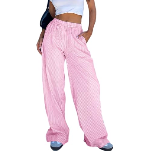 Loalirando Damen Weites Bein Baggy Freizeithose mit Taschen Elastische Höhe Taille Streifenmuster Jogginghose Streetwear (Rosa, L) von Loalirando