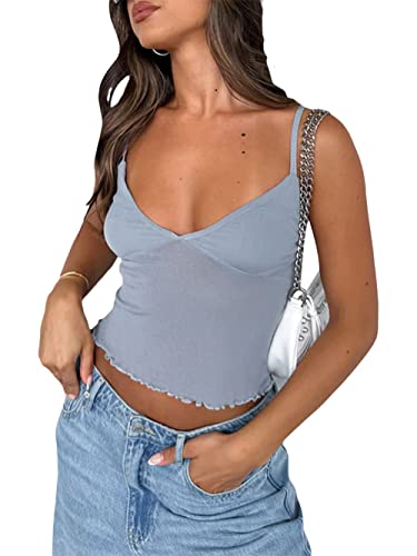 Loalirando Damen Y2K Ärmellos Crop Top V-Ausschnitt Lace Bodycon Tank Top Streetwear(Blau,M) von Loalirando