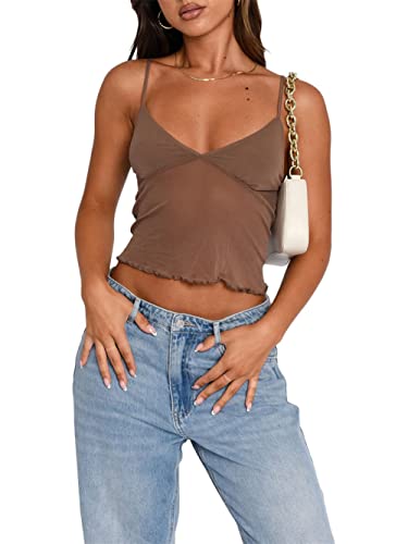 Loalirando Damen Y2K Ärmellos Crop Top V-Ausschnitt Lace Bodycon Tank Top Streetwear(Braun,M) von Loalirando